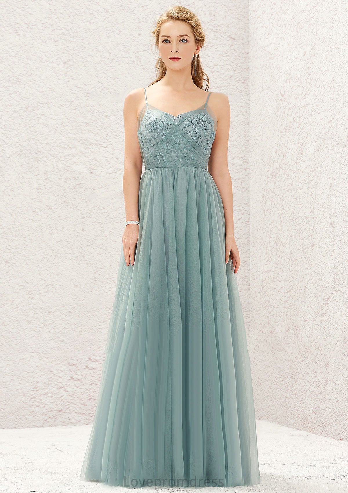 Princess A-line V Neck Sleeveless Tulle Long/Floor-Length Bridesmaid Dresses With Pleated Appliqued Kaley DYP0025633