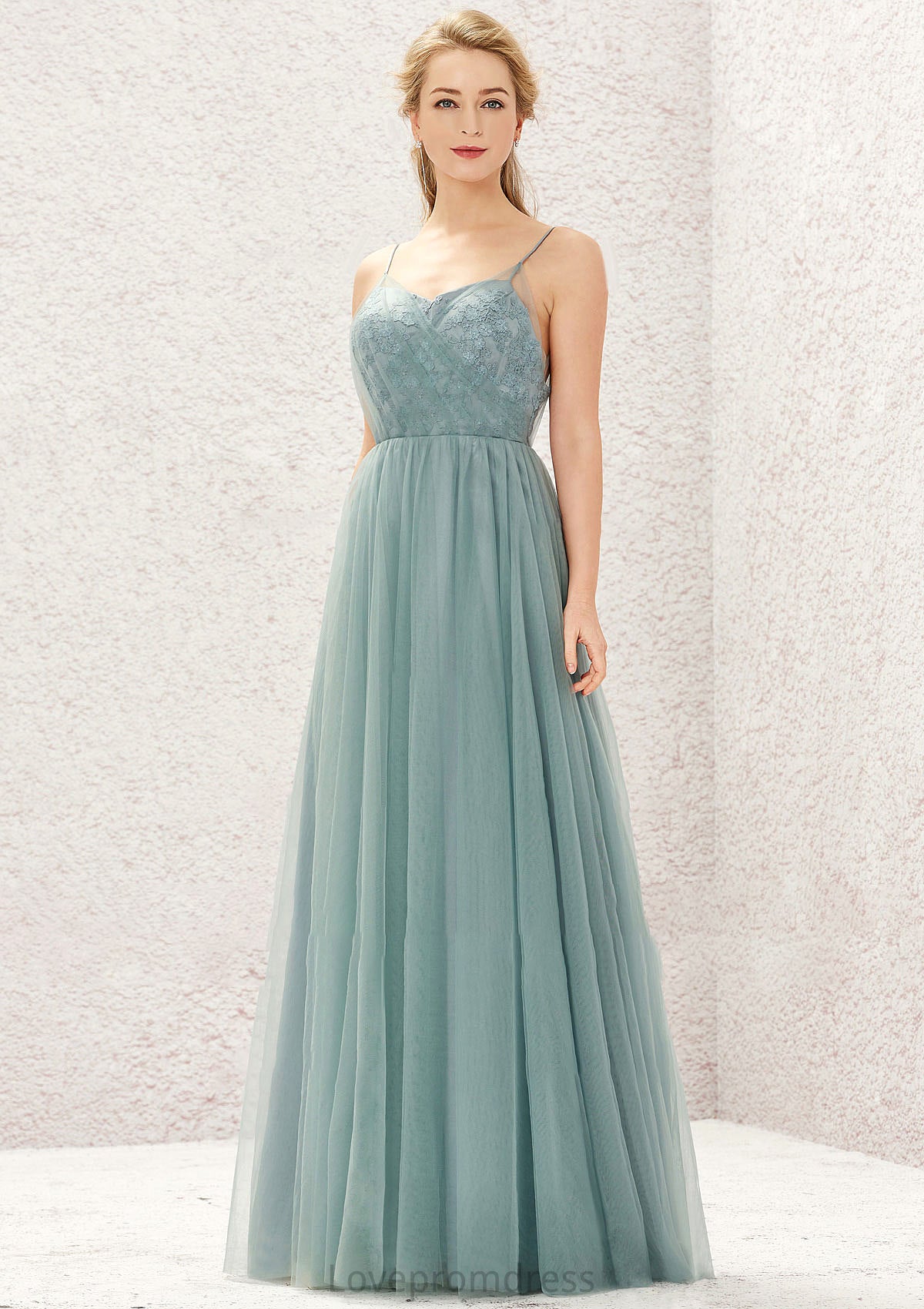 Princess A-line V Neck Sleeveless Tulle Long/Floor-Length Bridesmaid Dresses With Pleated Appliqued Kaley DYP0025633