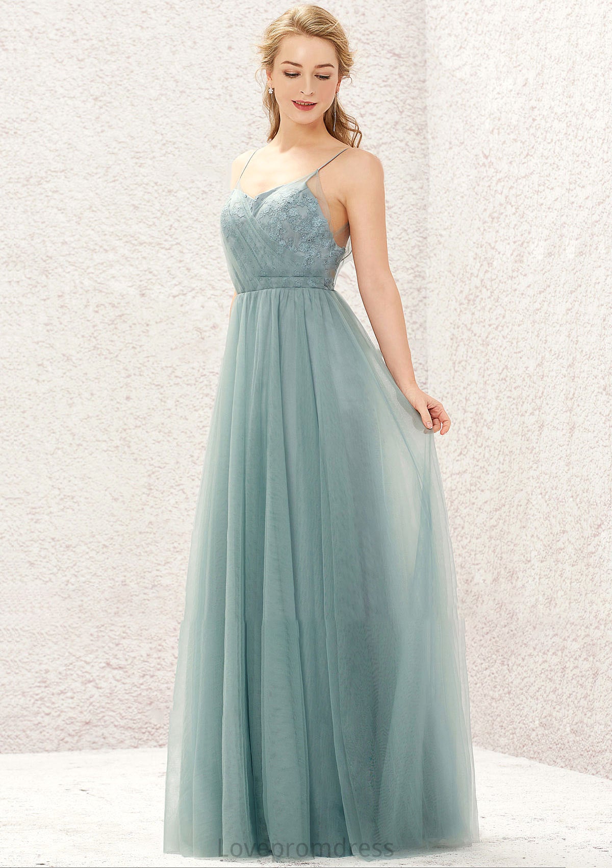 Princess A-line V Neck Sleeveless Tulle Long/Floor-Length Bridesmaid Dresses With Pleated Appliqued Kaley DYP0025633