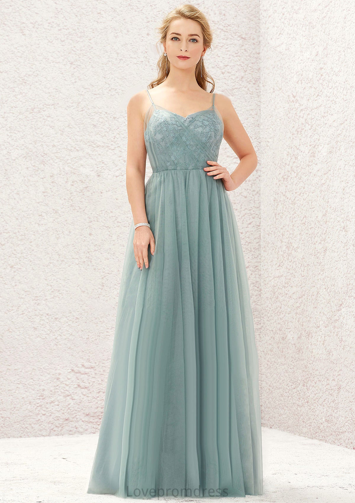 Princess A-line V Neck Sleeveless Tulle Long/Floor-Length Bridesmaid Dresses With Pleated Appliqued Kaley DYP0025633