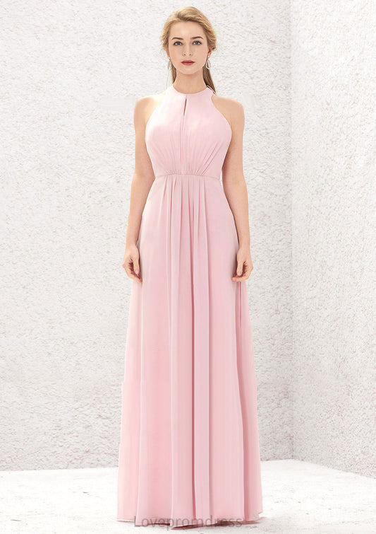 A-line Halter Sleeveless Chiffon Long/Floor-Length Bridesmaid Dresses With Pleated Pauline DYP0025634