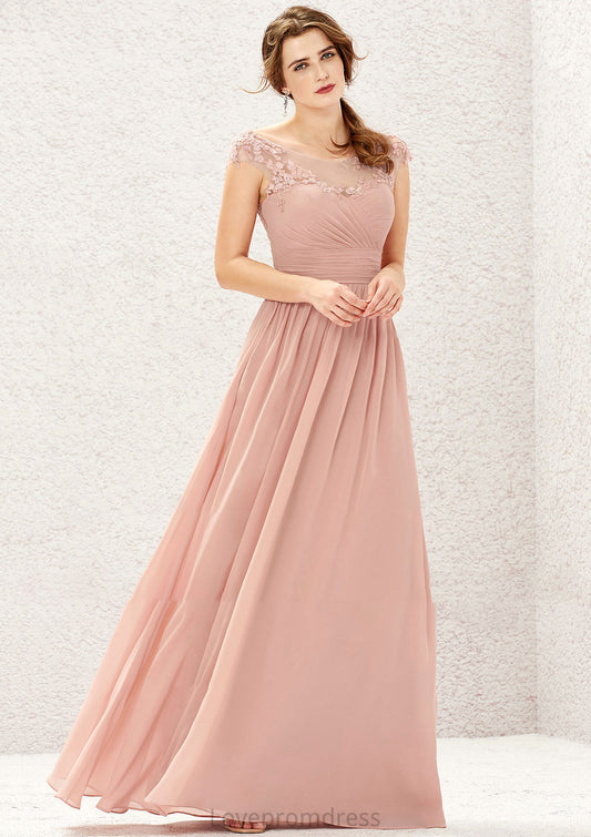 A-line Illusion Neck Sleeveless Chiffon Long/Floor-Length Bridesmaid Dresses With Appliqued Pleated Daisy DYP0025636