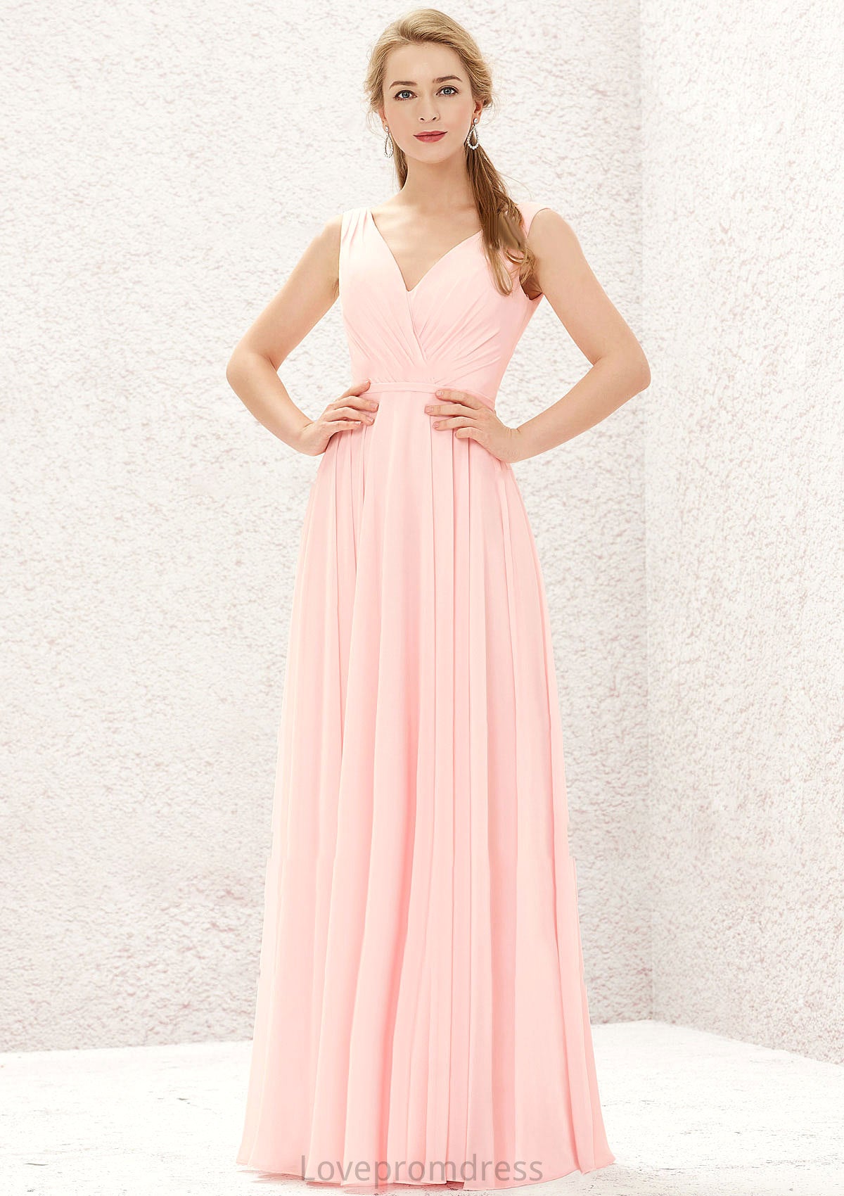 A-line V Neck Sleeveless Chiffon Long/Floor-Length Bridesmaid Dresses With Pleated Morgan DYP0025637