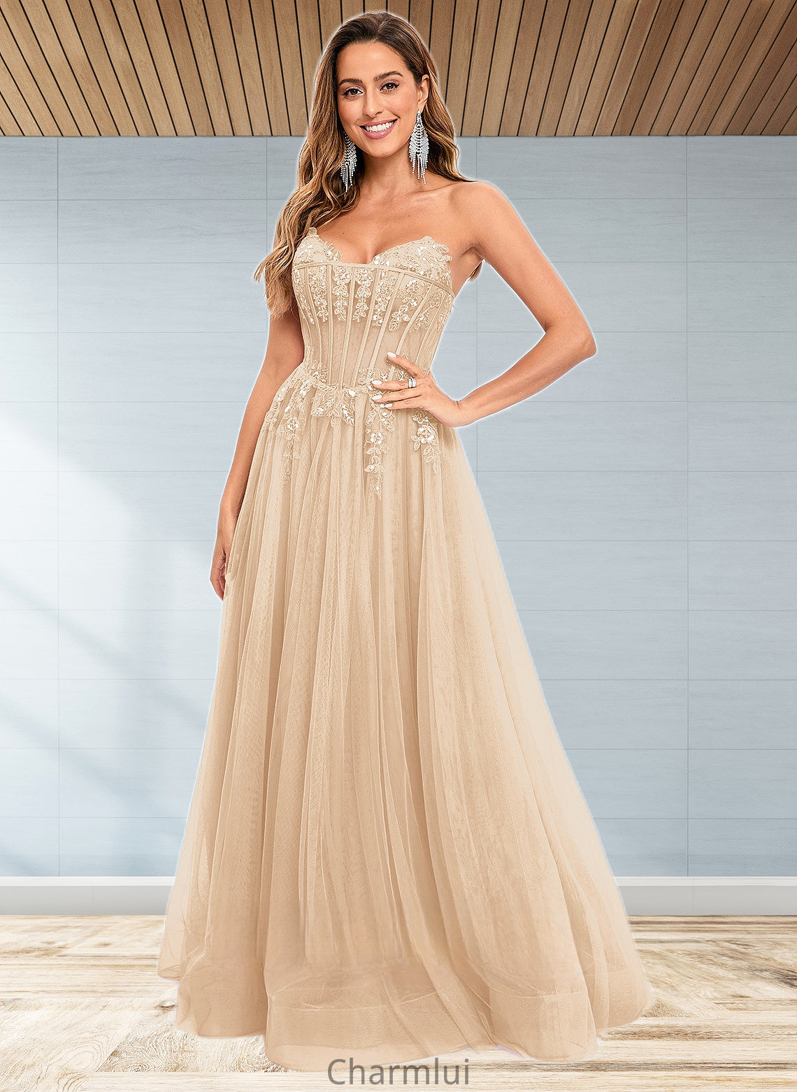 Anahi Ball-Gown/Princess V-Neck Floor-Length Tulle Prom Dresses With Sequins Appliques Lace DYP0025837