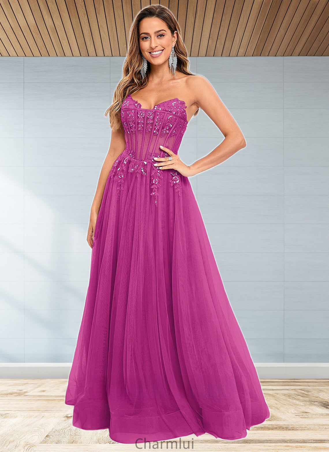 Anahi Ball-Gown/Princess V-Neck Floor-Length Tulle Prom Dresses With Sequins Appliques Lace DYP0025837