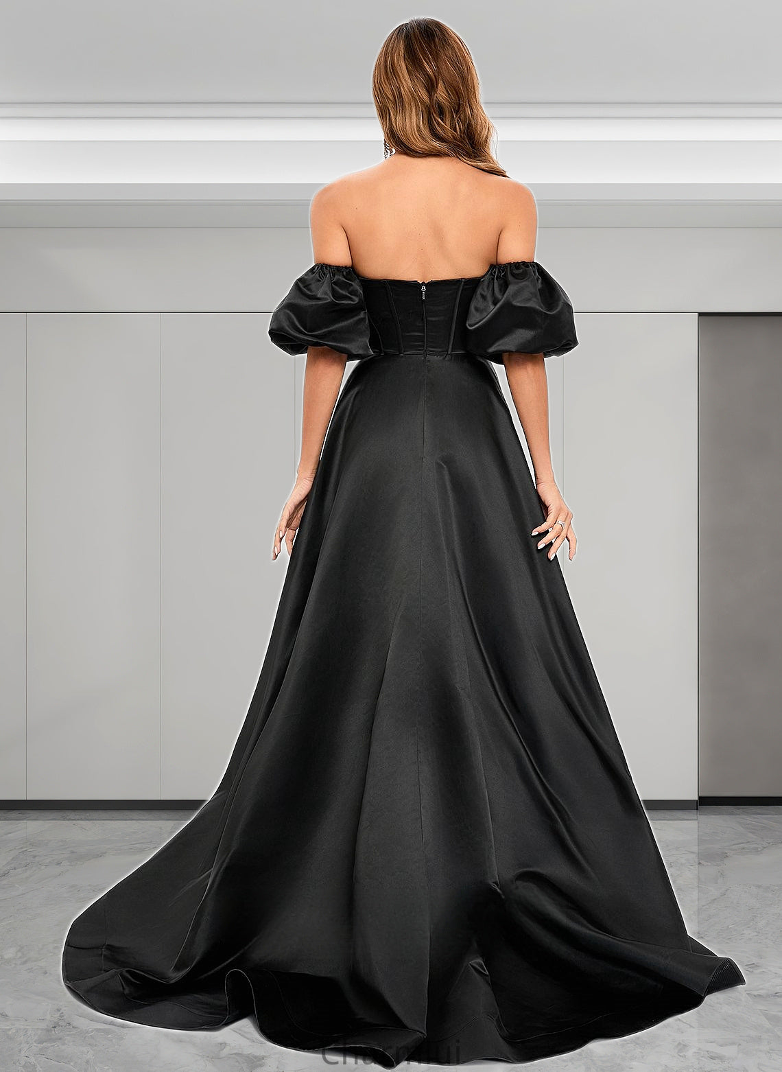 Iyana A-line V-Neck Sweep Train Satin Prom Dresses DYP0025842