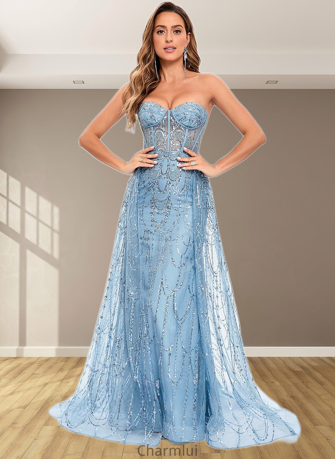 Marina Sheath/Column Sweetheart Sweep Train Sequin Tulle Prom Dresses With Sequins DYP0025860