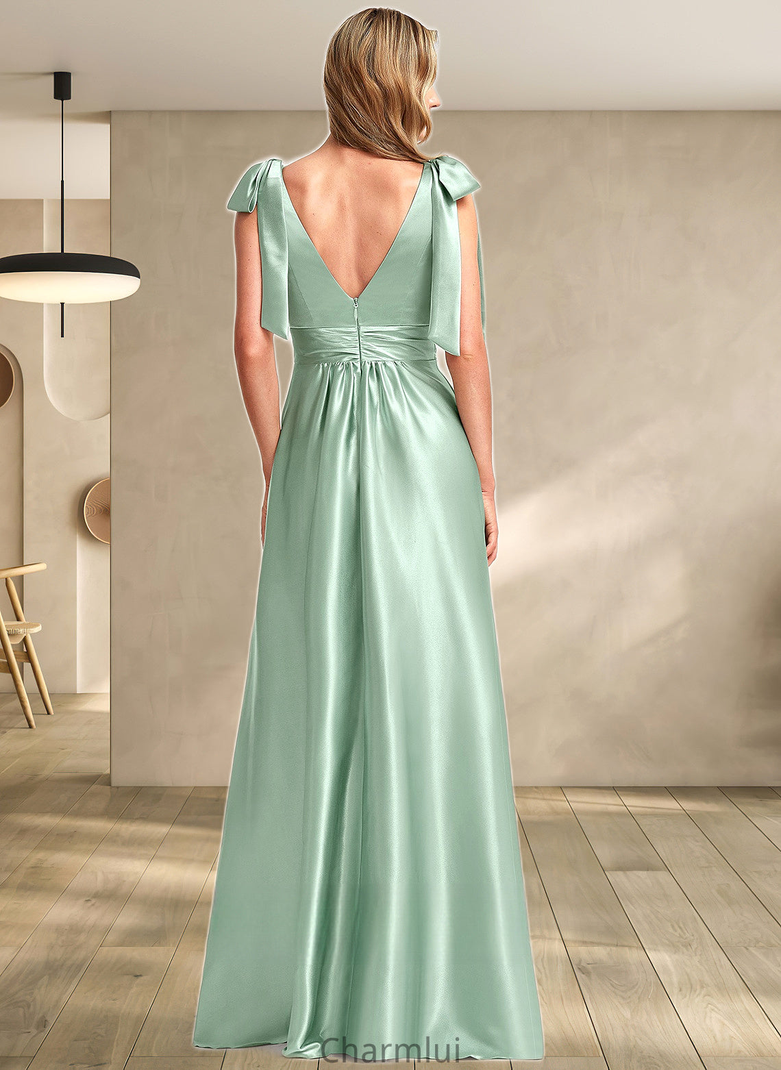 Kate A-line V-Neck Floor-Length Stretch Satin Bridesmaid Dress With Bow DYP0025737