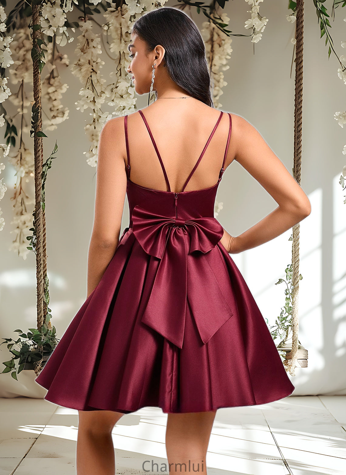 Noemi Ball-Gown/Princess V-Neck Short Satin Homecoming Dress With Bow DYP0025662