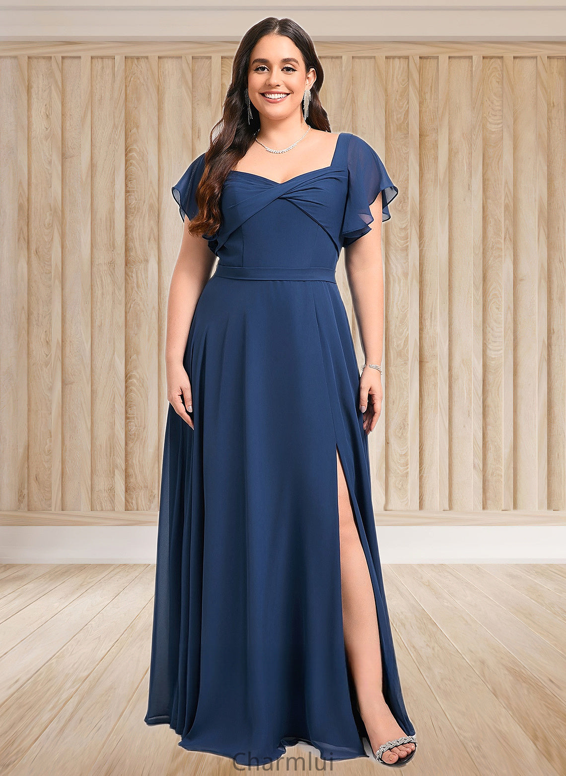 Nell A-line V-Neck Floor-Length Chiffon Bridesmaid Dress With Ruffle DYP0025802