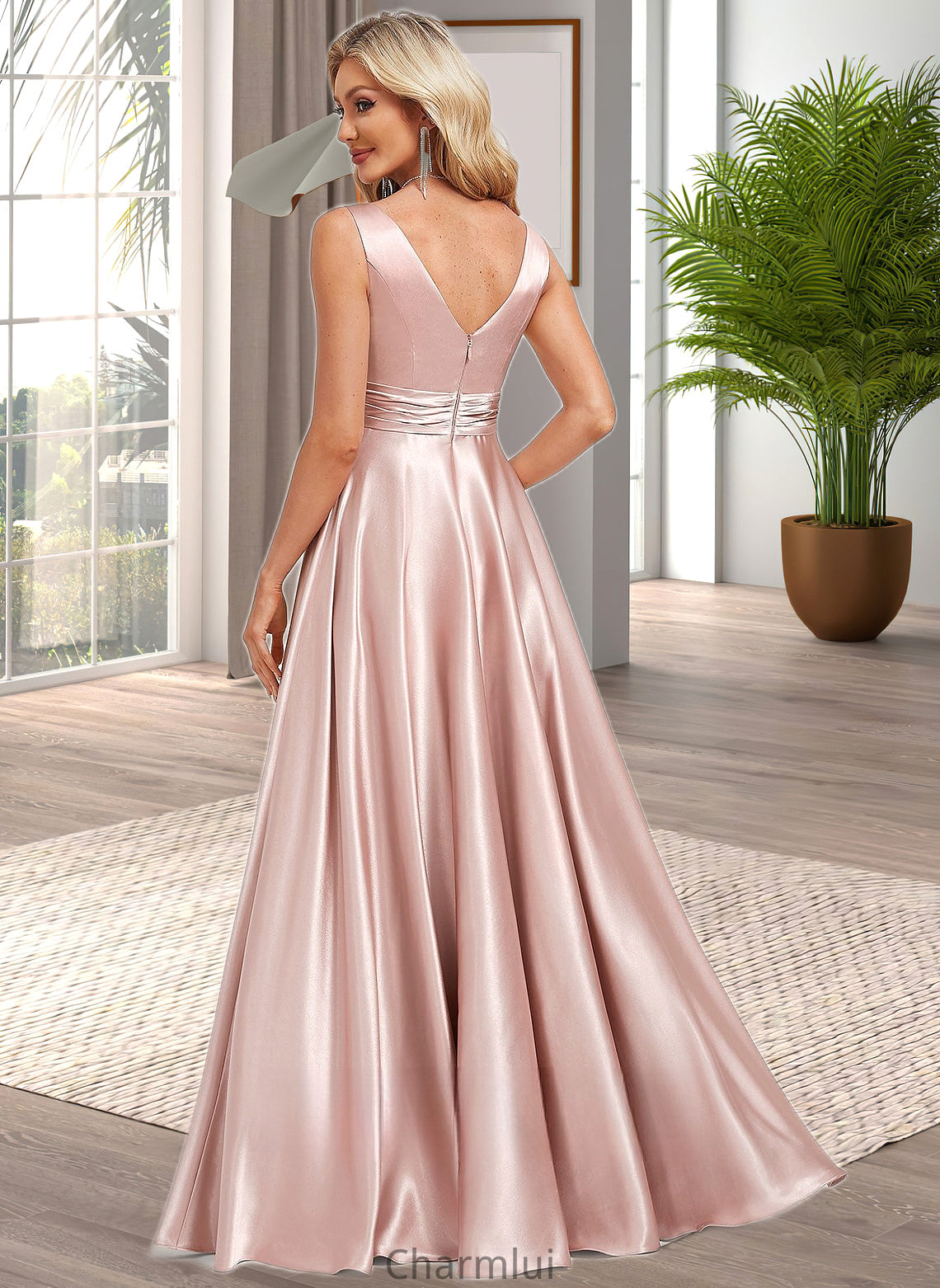 Ainsley A-line V-Neck Floor-Length Stretch Satin Bridesmaid Dress DYP0025779