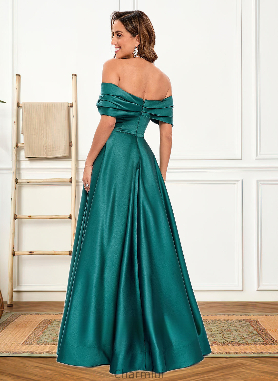 Jacey A-line Off the Shoulder Floor-Length Satin Prom Dresses With Pleated DYP0025851