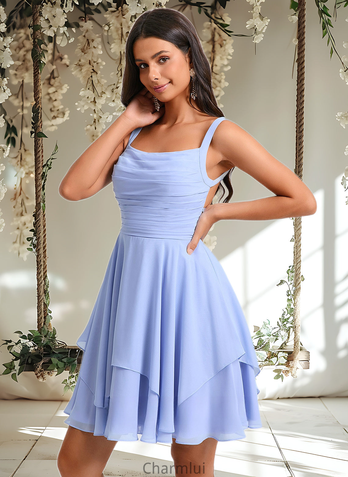 Irene A-line Scoop Short Chiffon Homecoming Dress With Pleated DYP0025654