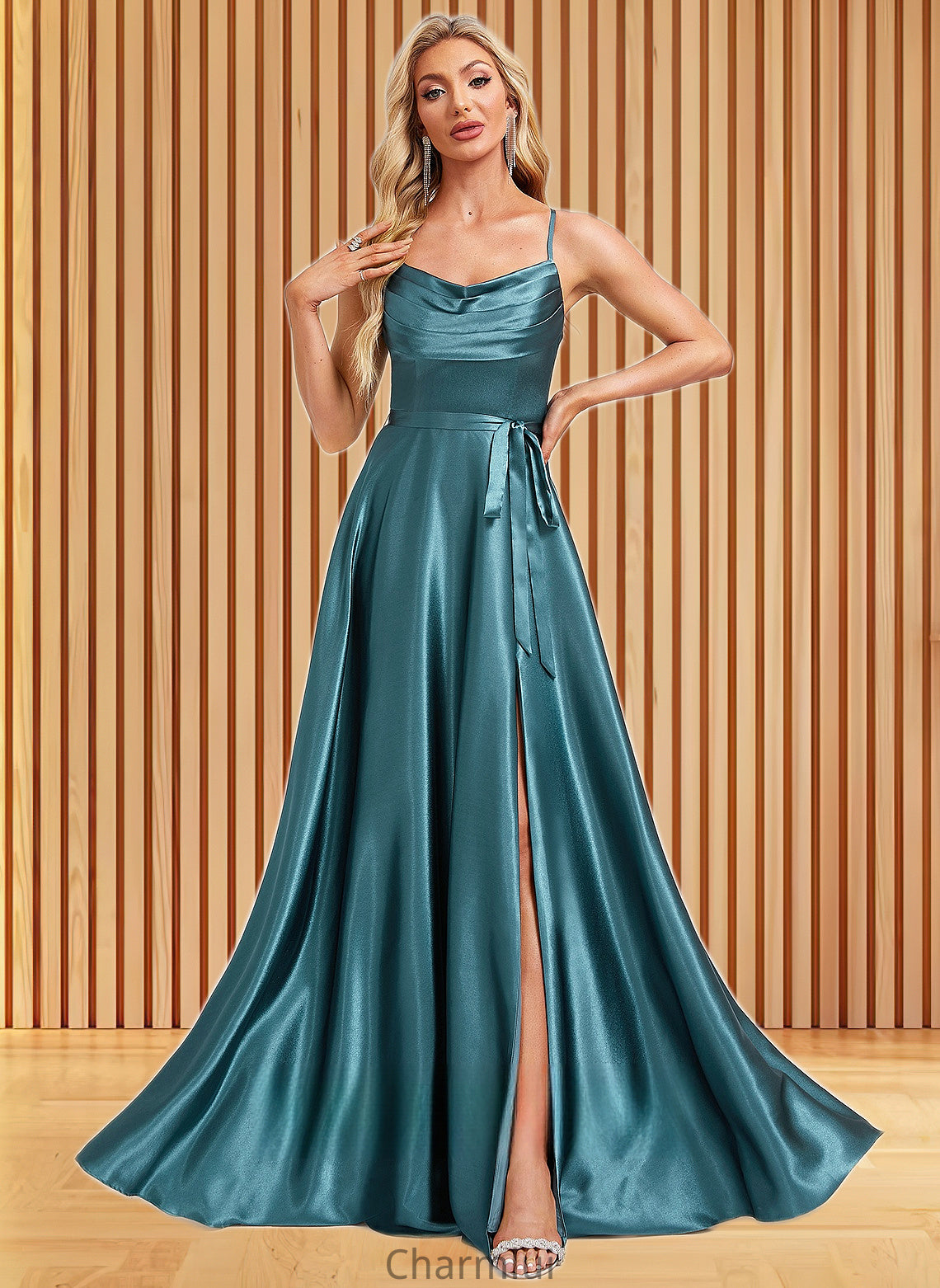 Kitty A-line Cowl Floor-Length Stretch Satin Bridesmaid Dress With Ruffle DYP0025781