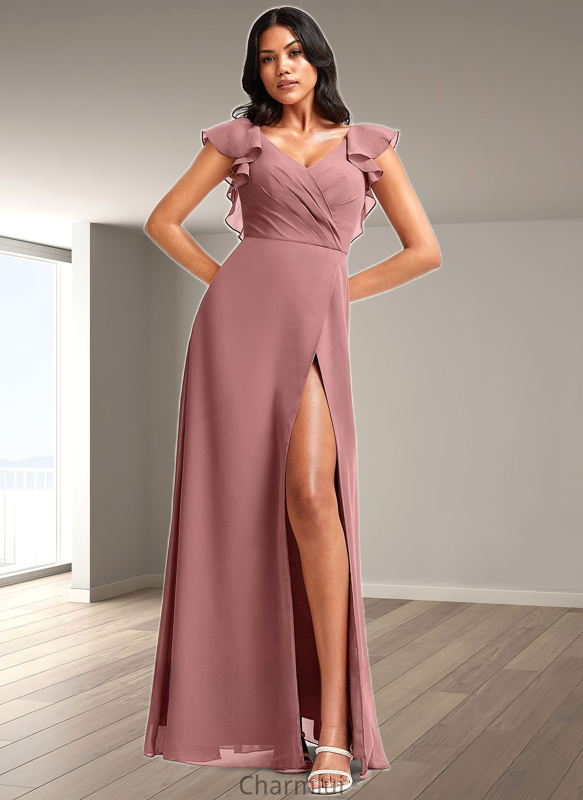 Jada A-line V-Neck Floor-Length Chiffon Bridesmaid Dress With Ruffle DYP0025751