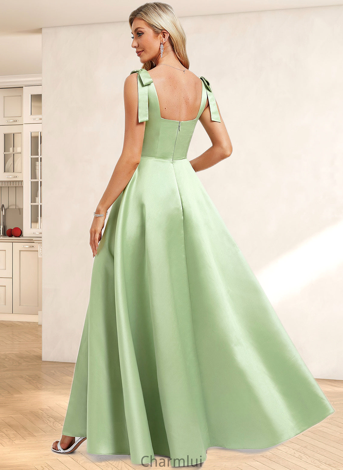 Kendal A-line Square Floor-Length Satin Bridesmaid Dress With Bow DYP0025778