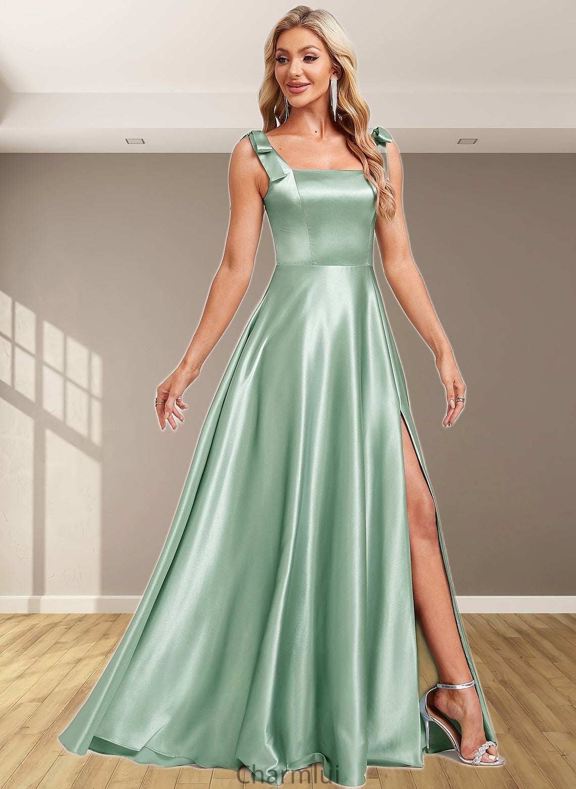 Cristal A-line Square Floor-Length Stretch Satin Bridesmaid Dress With Bow DYP0025788