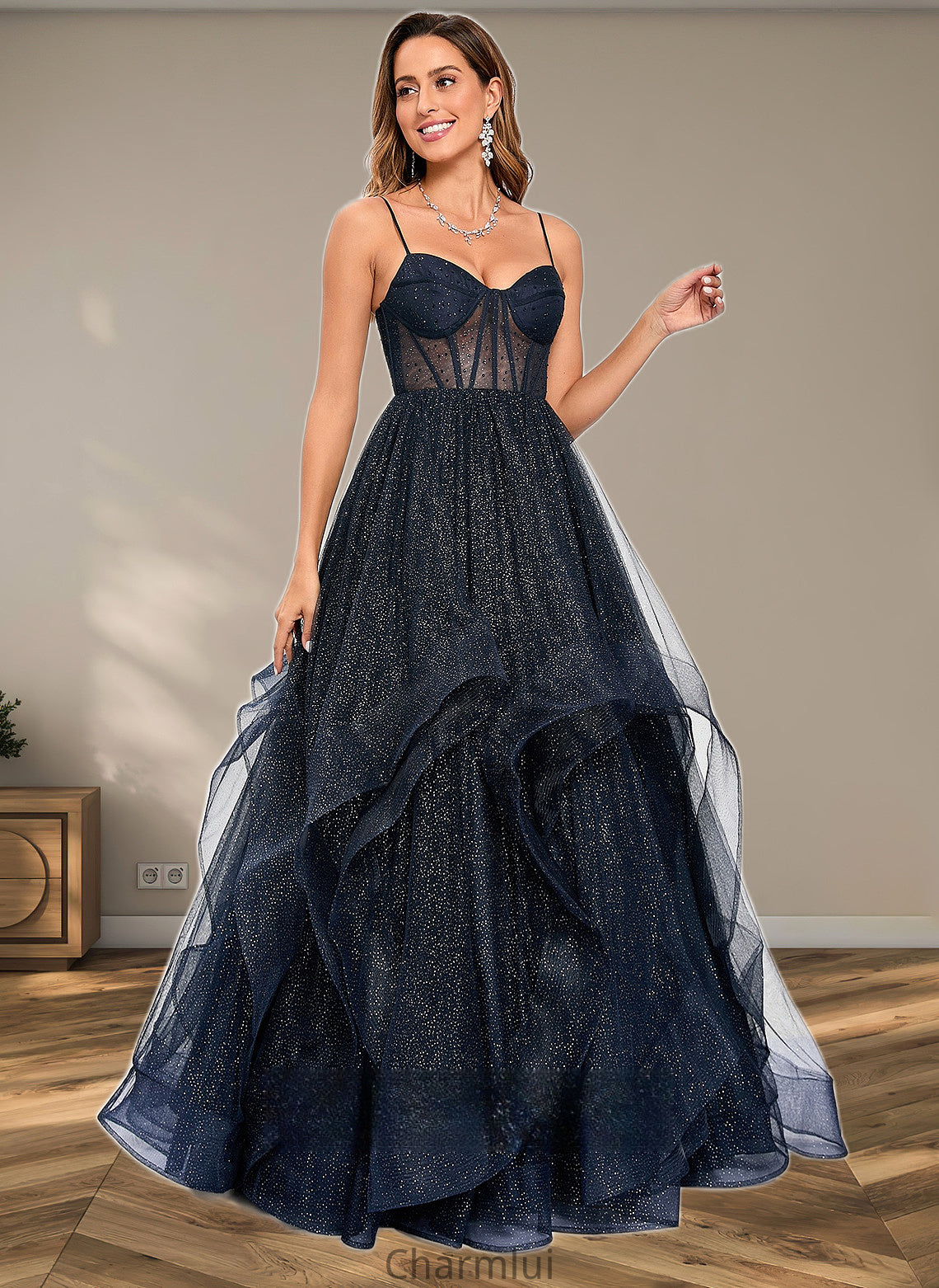 Genevieve Ball-Gown/Princess V-Neck Floor-Length Tulle Prom Dresses DYP0025863