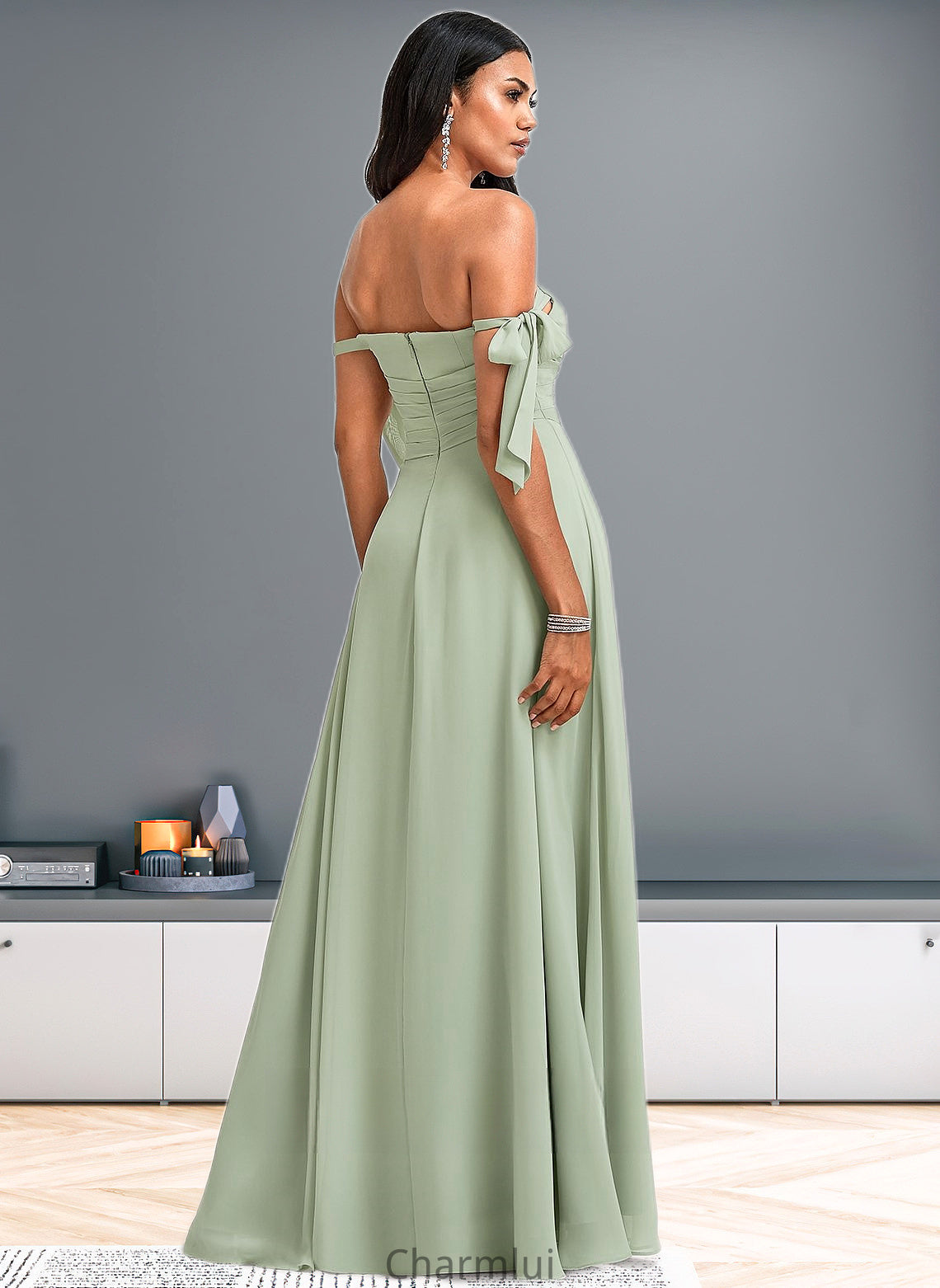 Rylee A-line Cowl Floor-Length Chiffon Bridesmaid Dress With Bow DYP0025738