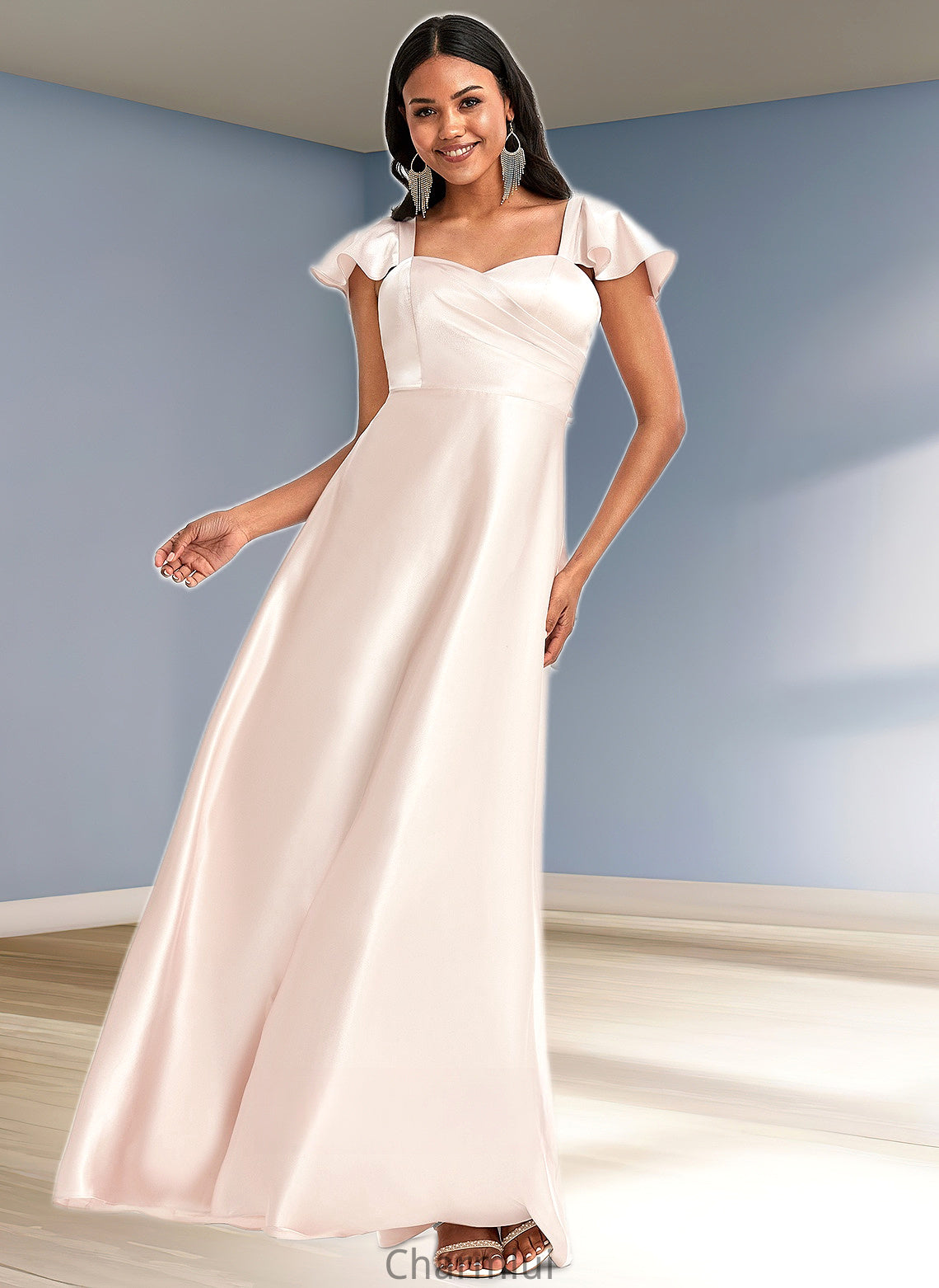 Finley A-line V-Neck Floor-Length Stretch Satin Bridesmaid Dress With Bow DYP0025759