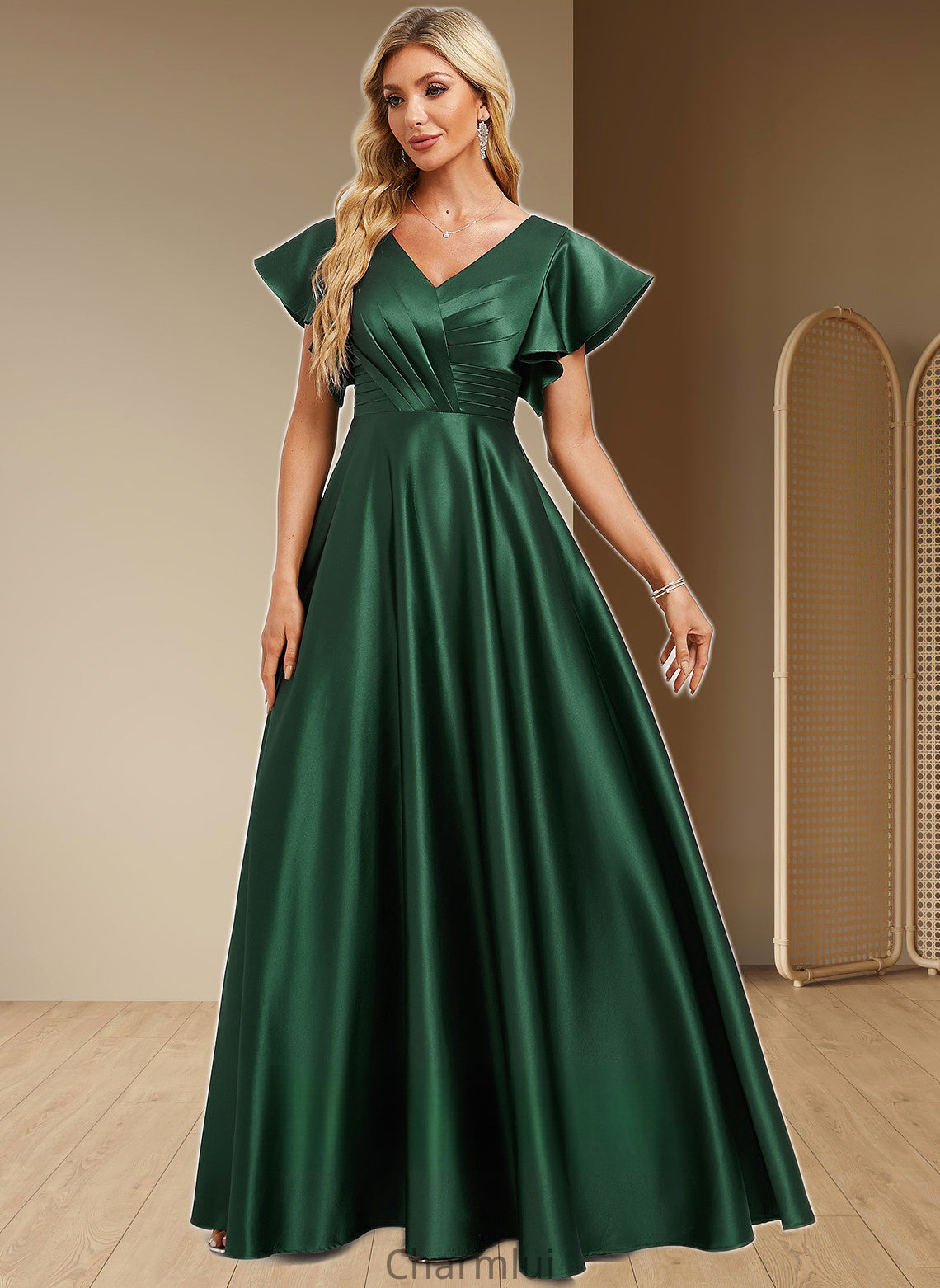 Marisa A-line V-Neck Floor-Length Satin Bridesmaid Dress With Ruffle DYP0025777