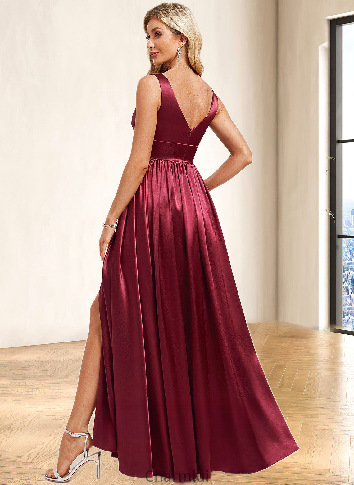 Araceli A-line V-Neck Floor-Length Stretch Satin Bridesmaid Dress DYP0025771