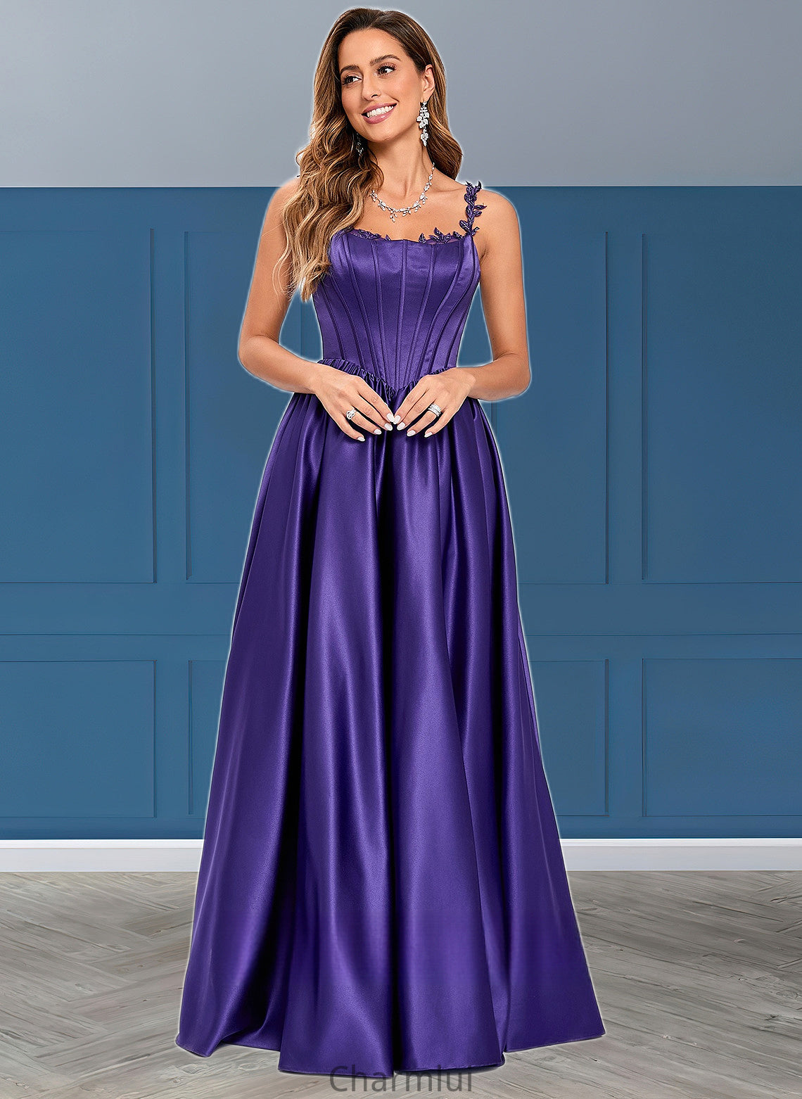 Yaritza Ball-Gown/Princess Scoop Floor-Length Satin Prom Dresses With Appliques Lace Beading DYP0025865