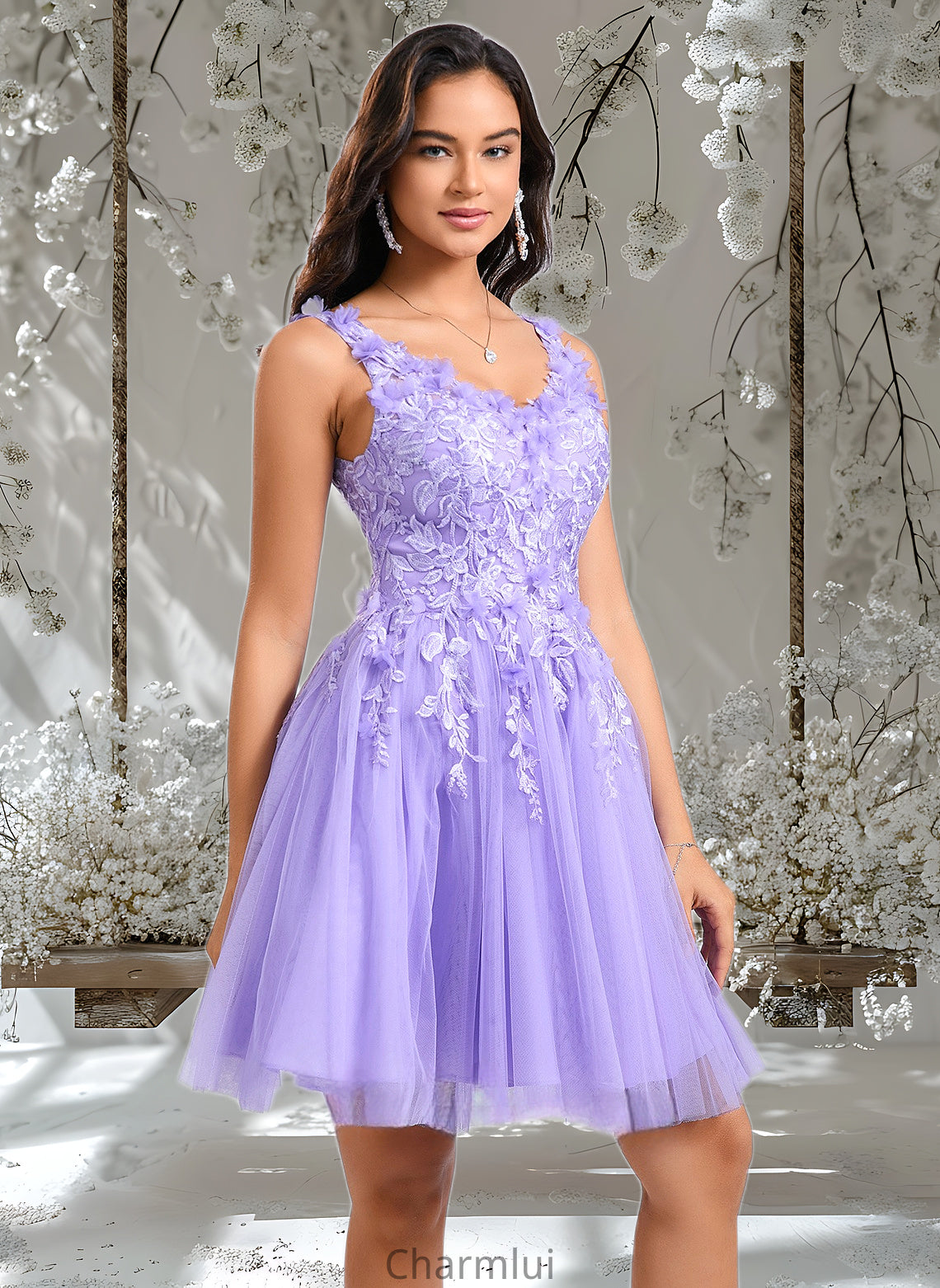 Everly Ball-Gown/Princess V-Neck Short Lace Tulle Homecoming Dress With Flower DYP0025656