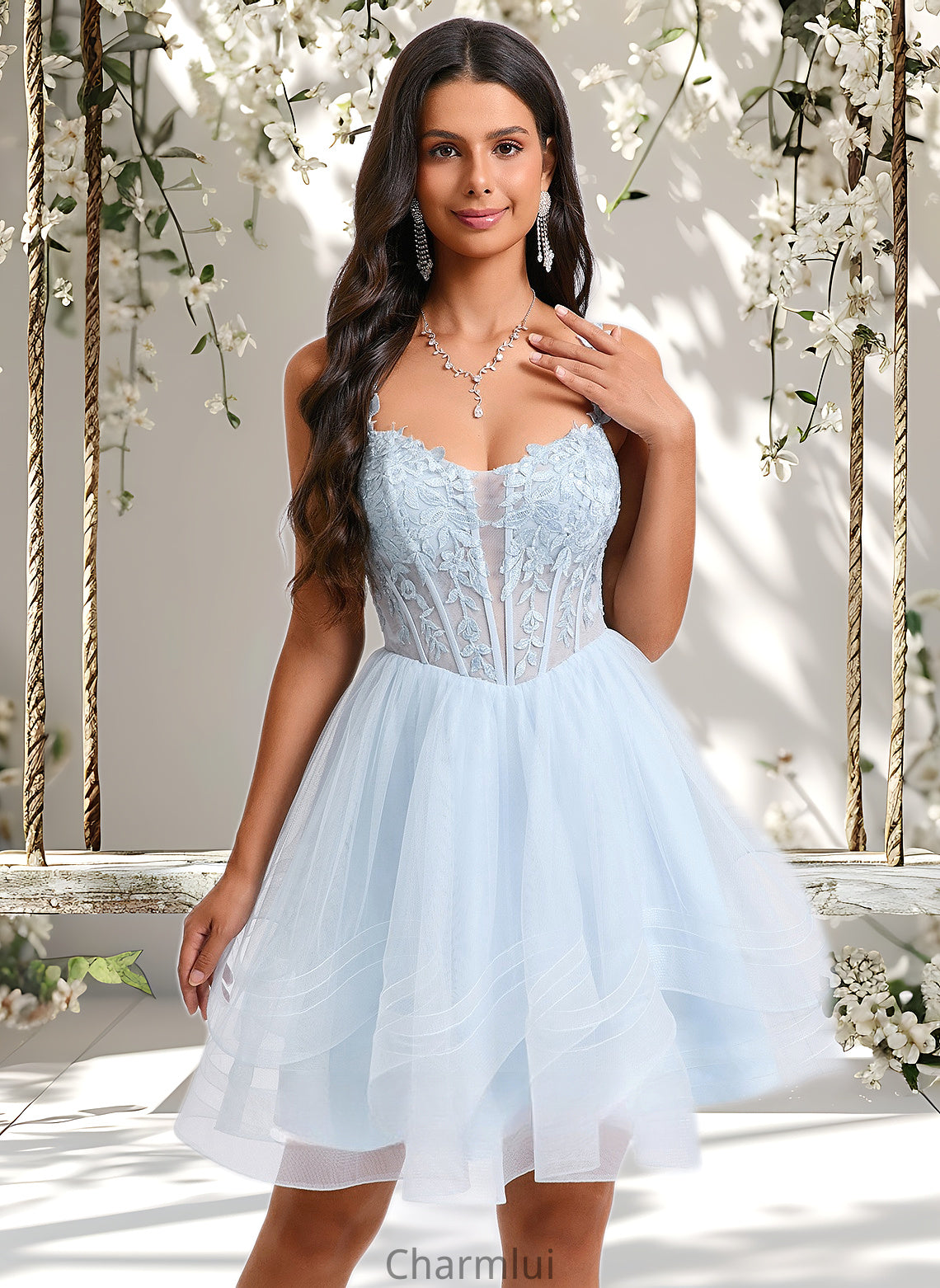 Amy Ball-Gown/Princess Scoop Short Tulle Homecoming Dress With Appliques Lace DYP0025659