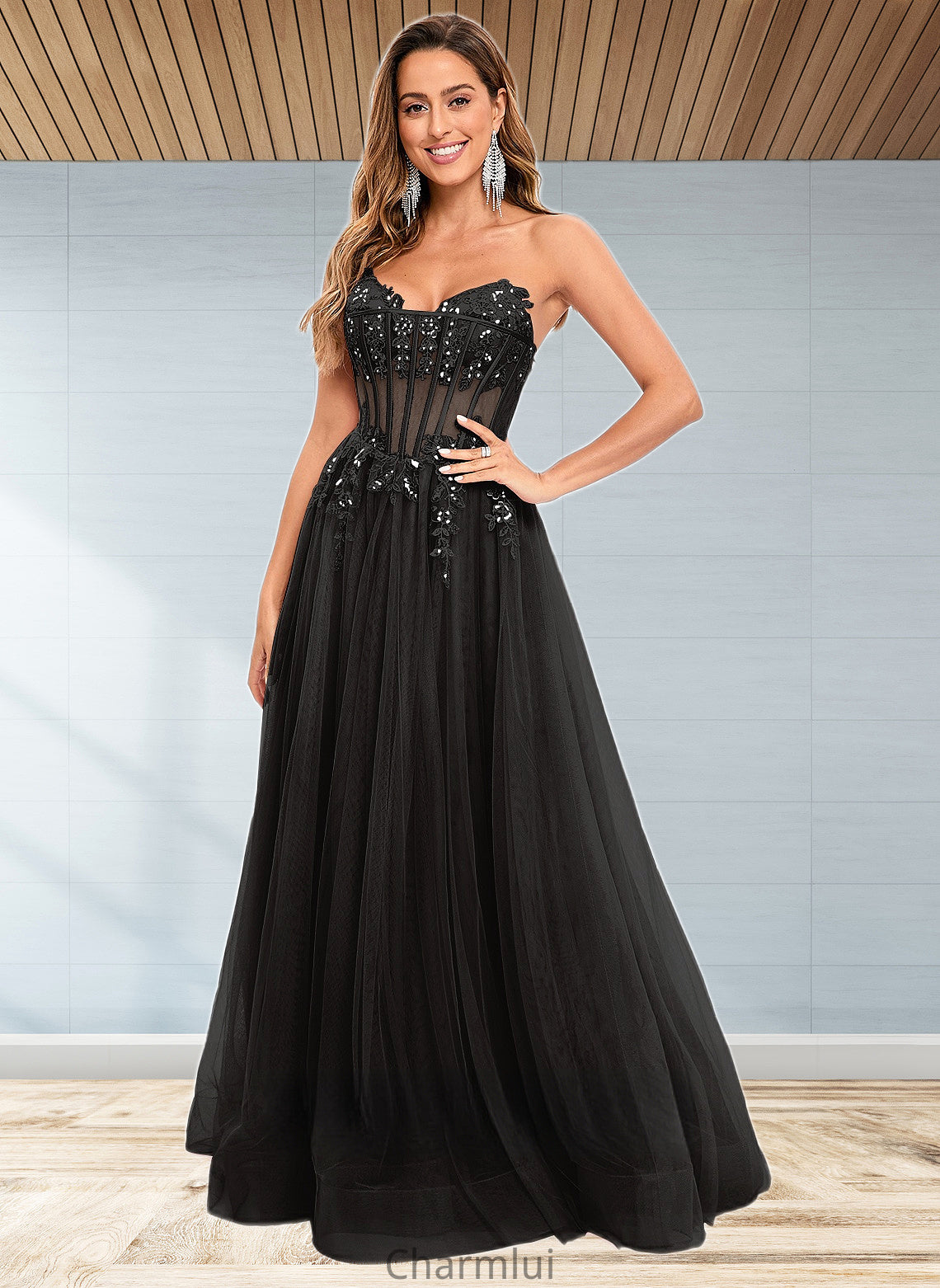 Anahi Ball-Gown/Princess V-Neck Floor-Length Tulle Prom Dresses With Sequins Appliques Lace DYP0025837