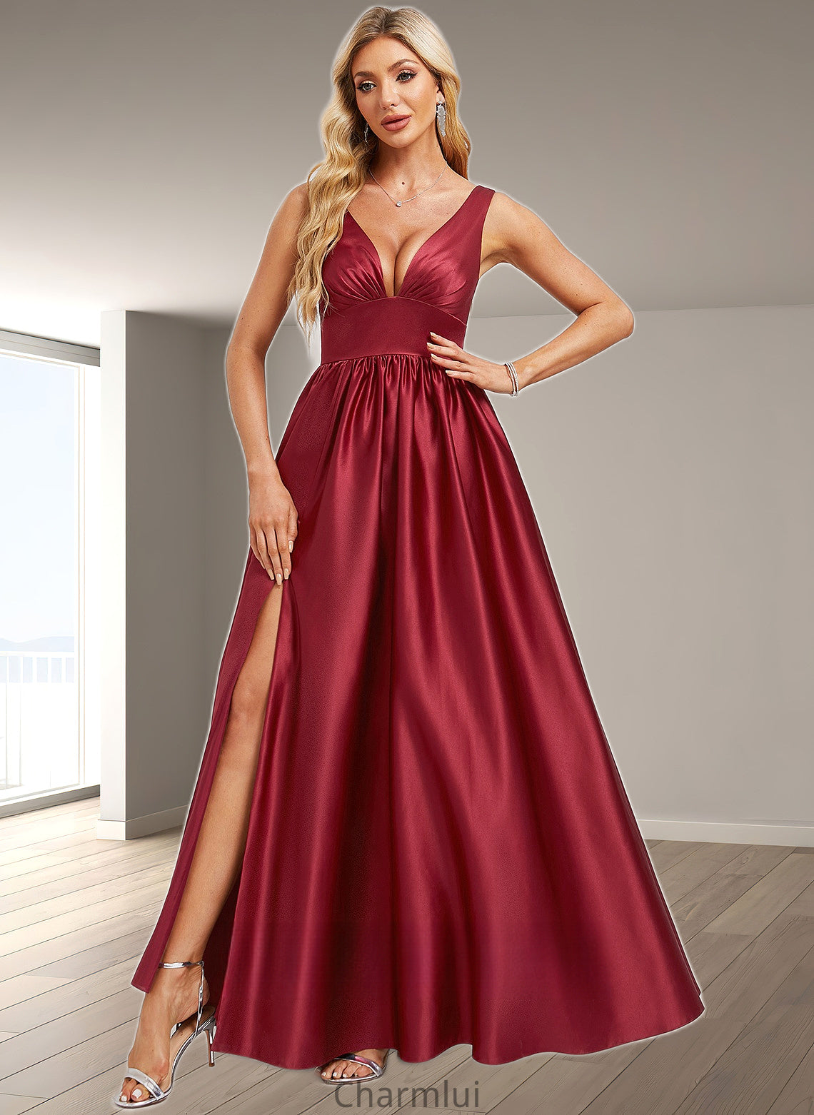 Alia A-line V-Neck Floor-Length Satin Bridesmaid Dress DYP0025775