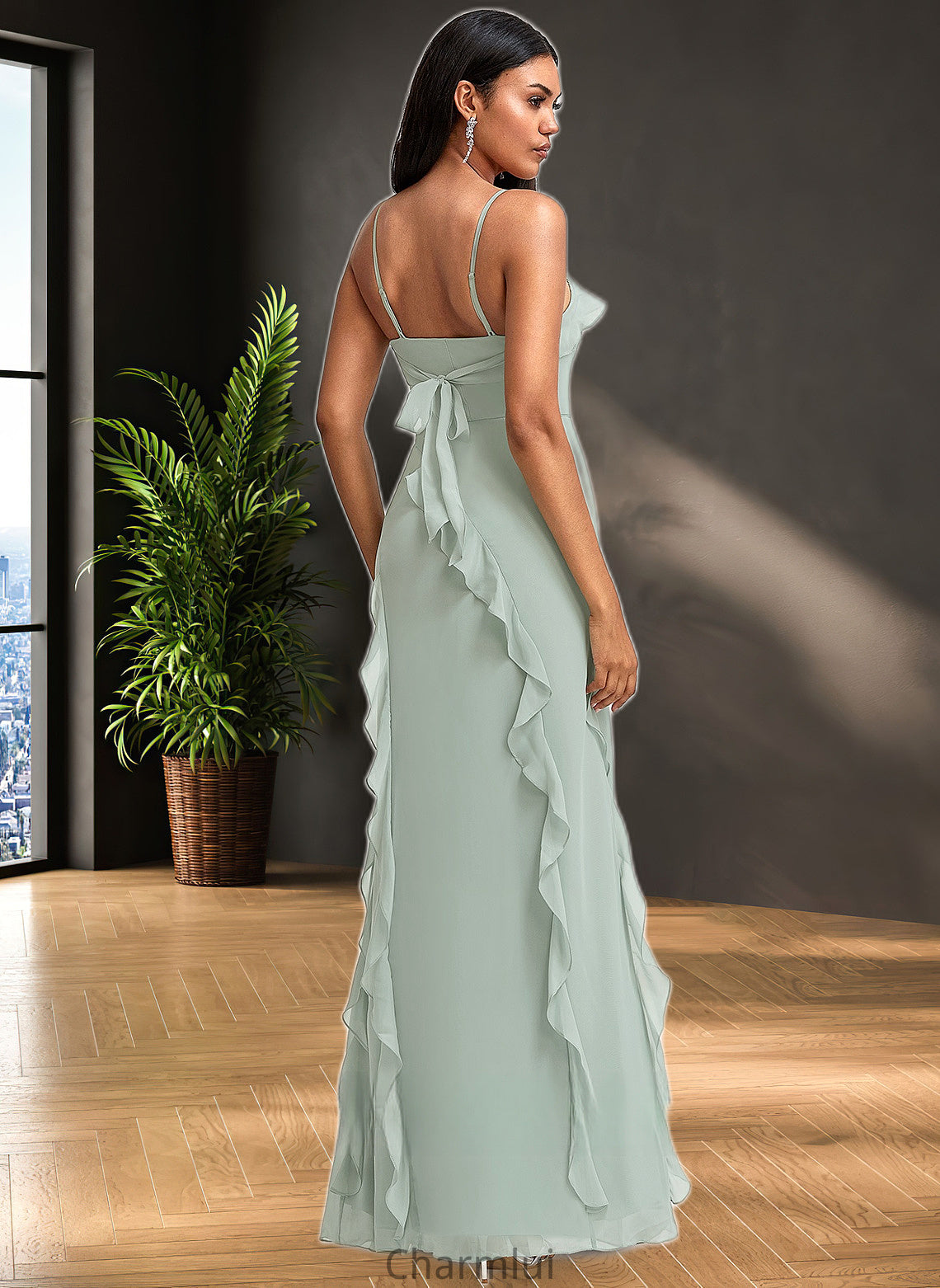 Courtney A-line Square Floor-Length Chiffon Bridesmaid Dress With Ruffle DYP0025735