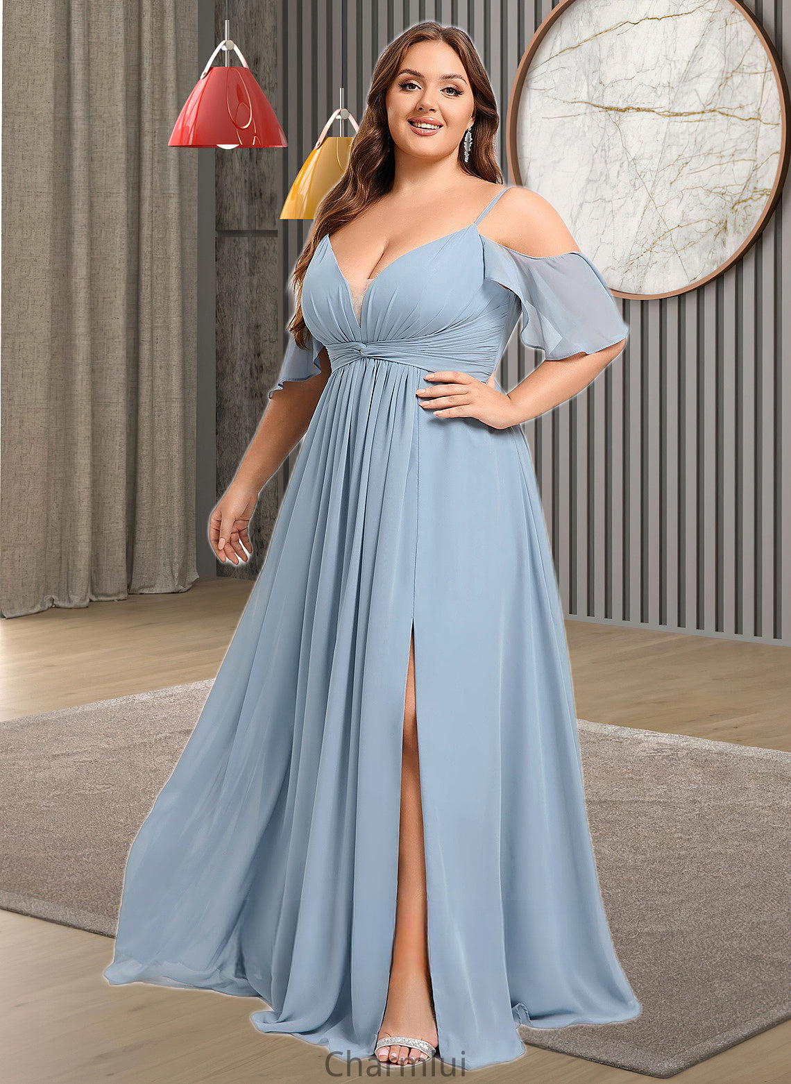 Kendra A-line Cold Shoulder Floor-Length Chiffon Bridesmaid Dress With Ruffle DYP0025797