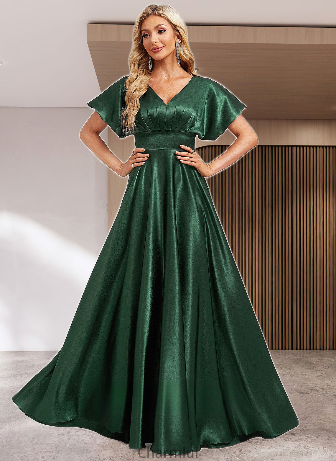 Rubi A-line V-Neck Floor-Length Stretch Satin Bridesmaid Dress DYP0025782