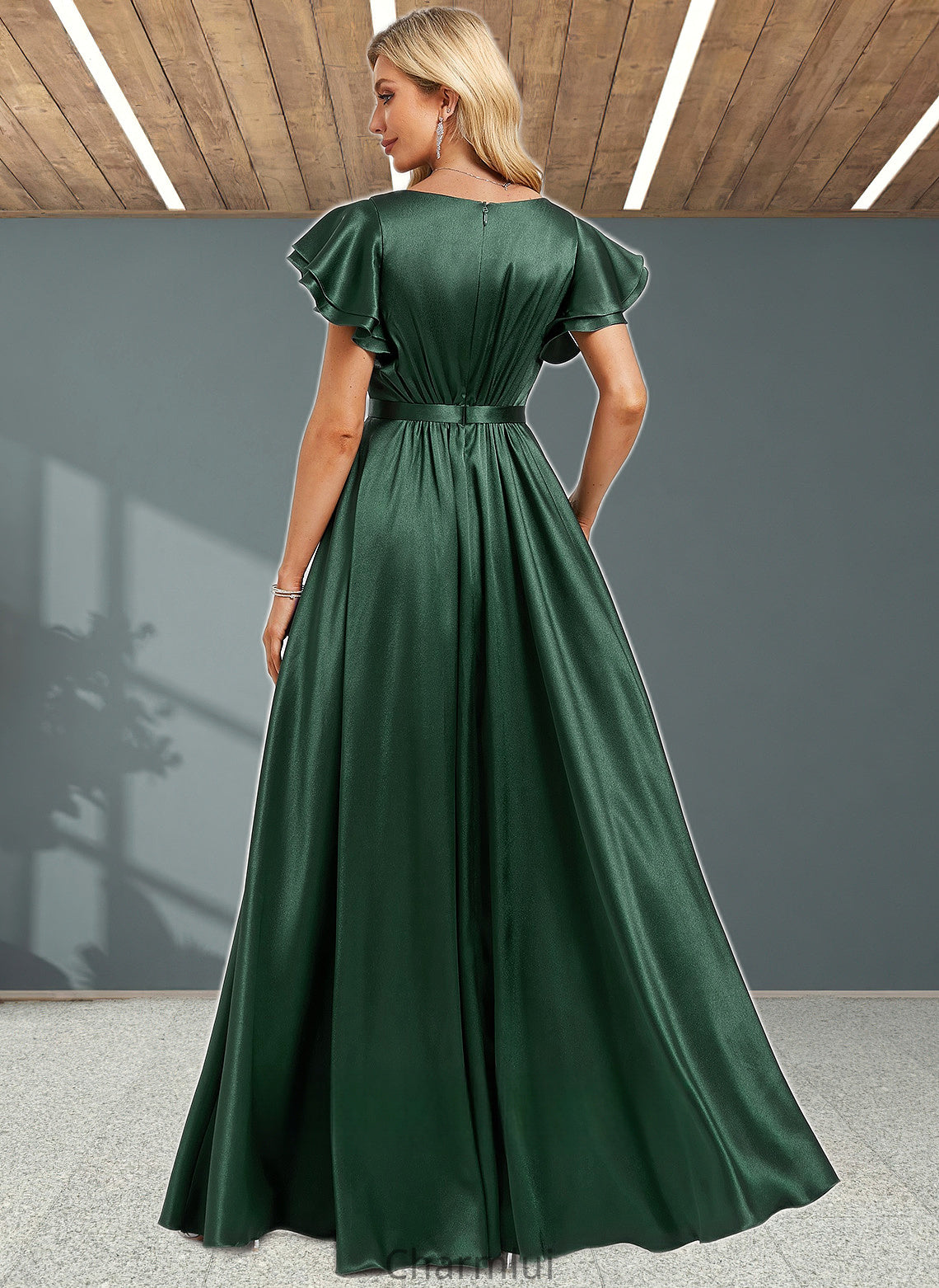 Alivia A-line Scoop Floor-Length Stretch Satin Bridesmaid Dress With Ruffle DYP0025770