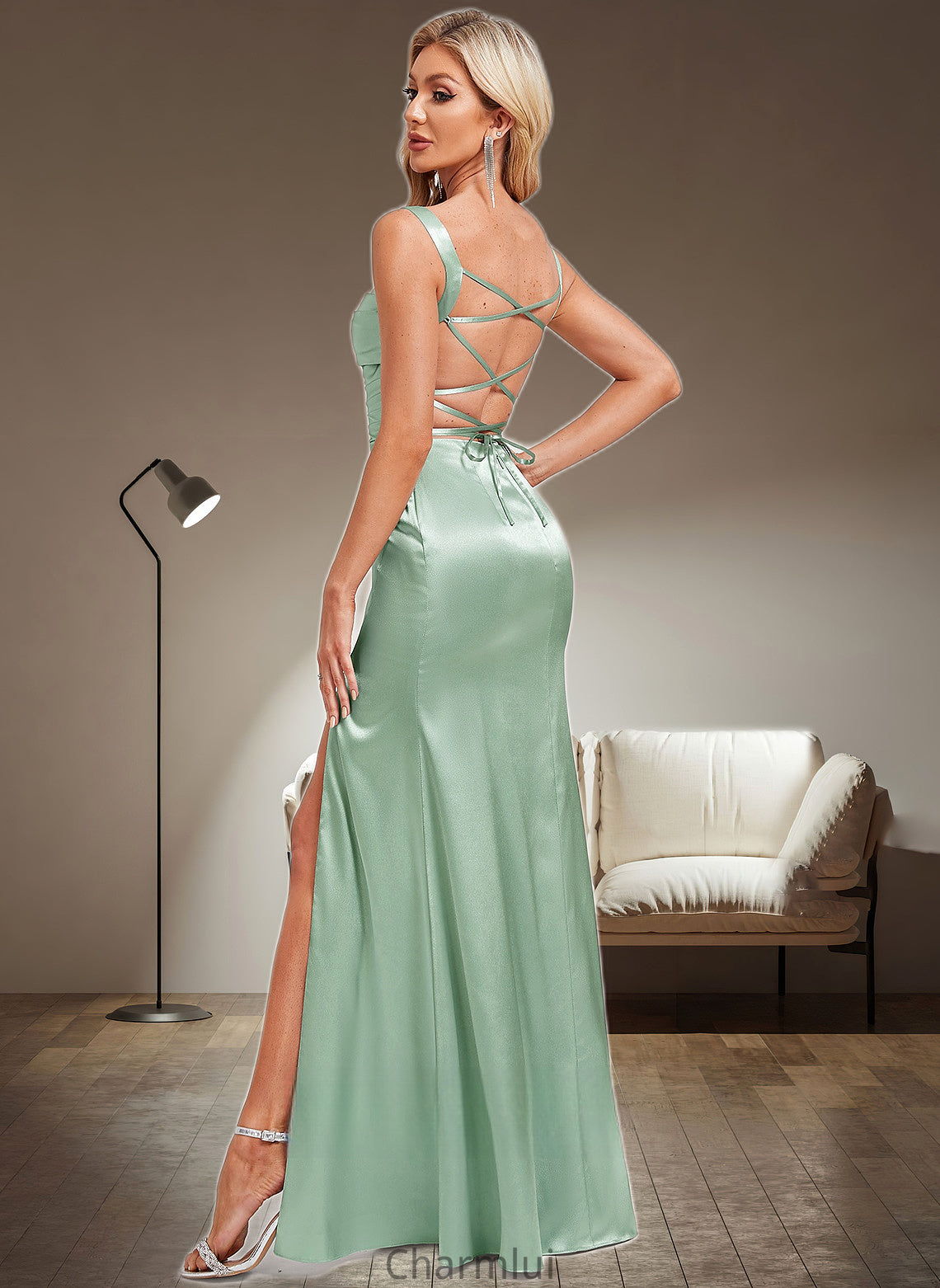 Maliyah Trumpet/Mermaid Square Floor-Length Stretch Satin Bridesmaid Dress DYP0025784