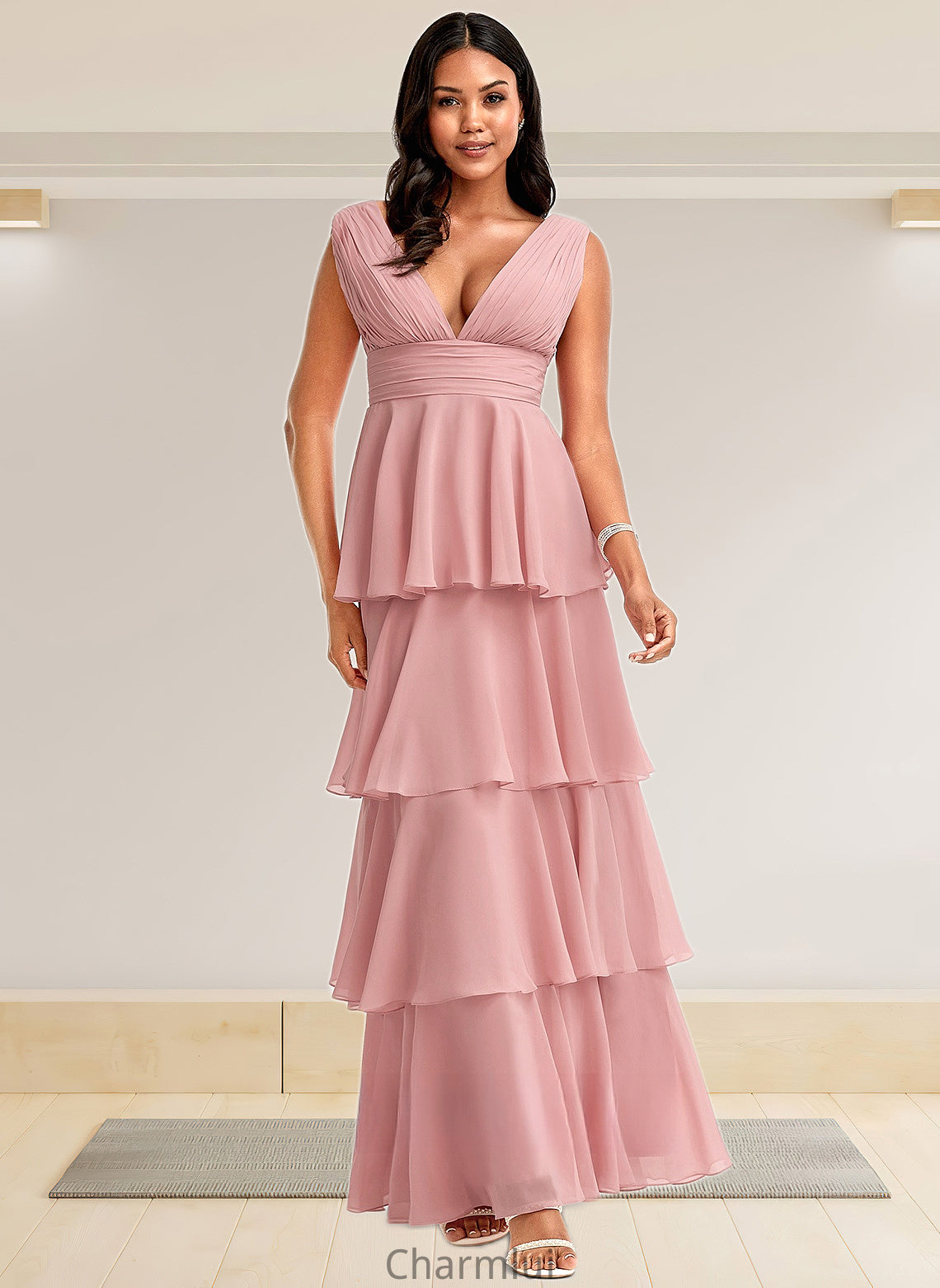 Aubrie A-line V-Neck Floor-Length Chiffon Bridesmaid Dress DYP0025749