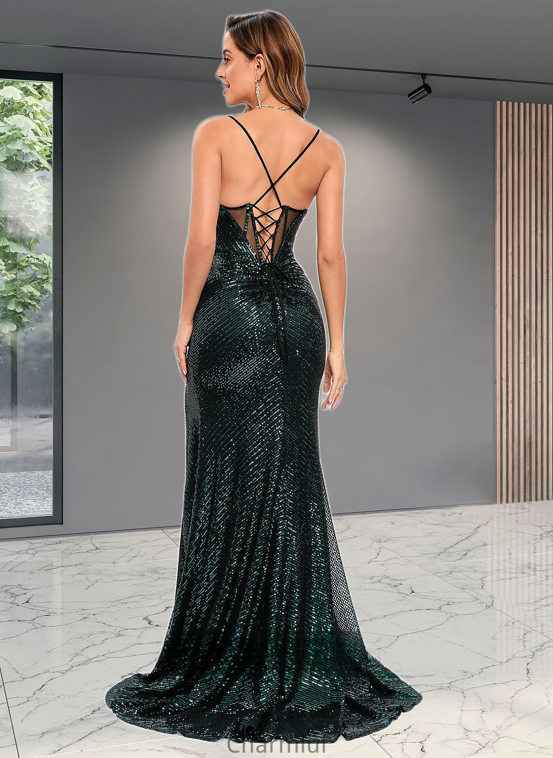 Liliana Trumpet/Mermaid V-Neck Sweep Train Sequin Prom Dresses With Sequins DYP0025839