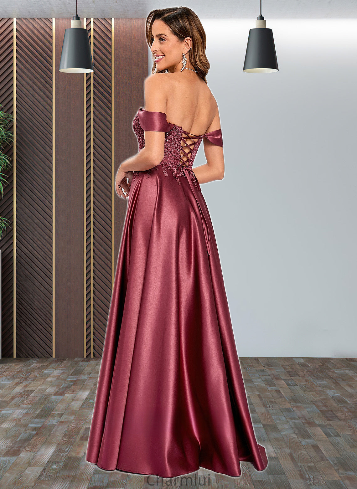 Ginny A-line Off the Shoulder Floor-Length Satin Lace Prom Dresses With Sequins DYP0025841