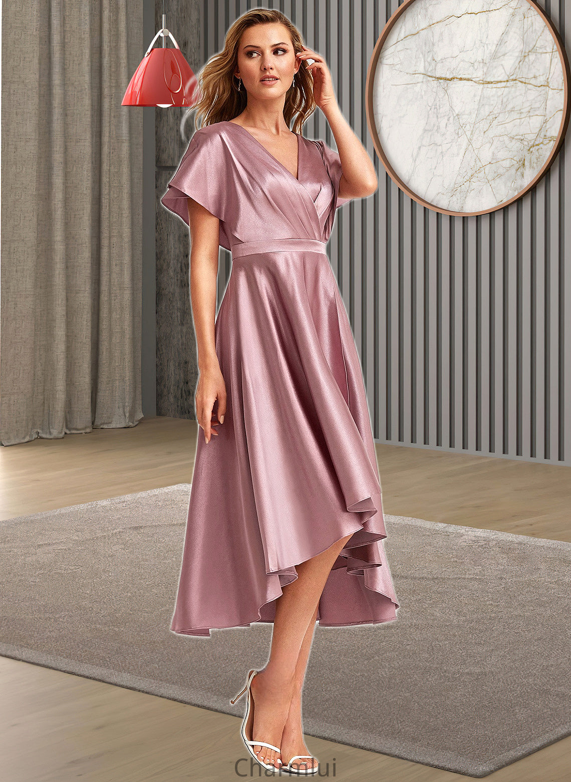 Isabell A-line V-Neck Asymmetrical Stretch Satin Bridesmaid Dress DYP0025752