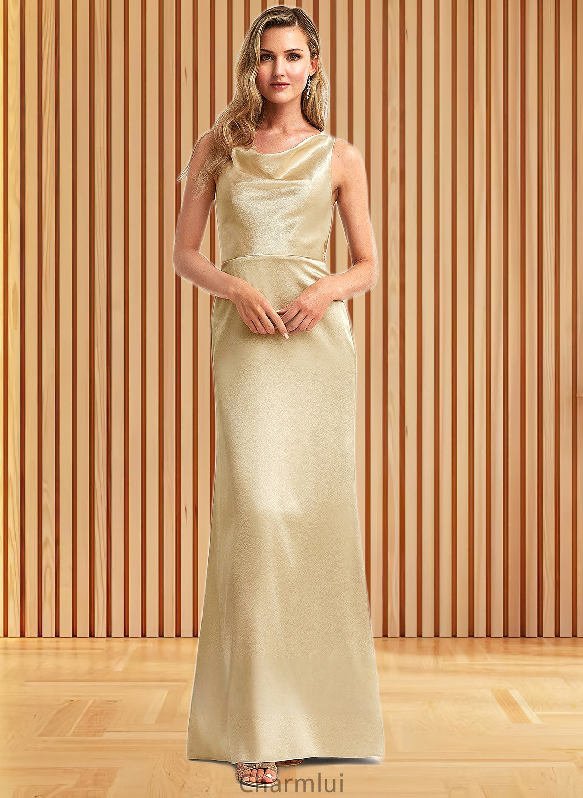 Sofia A-line Cowl Floor-Length Stretch Satin Bridesmaid Dress DYP0025764