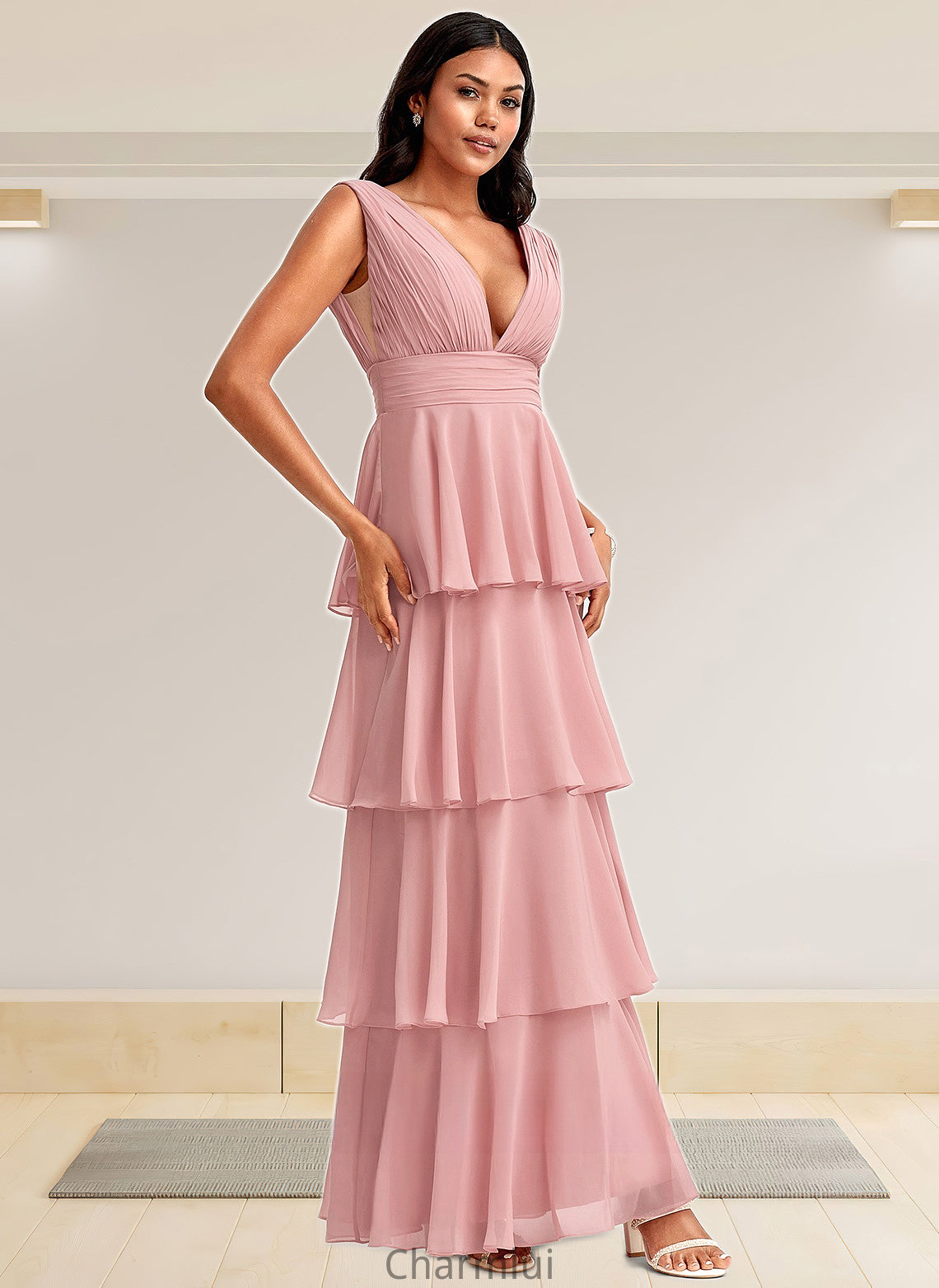 Aubrie A-line V-Neck Floor-Length Chiffon Bridesmaid Dress DYP0025749