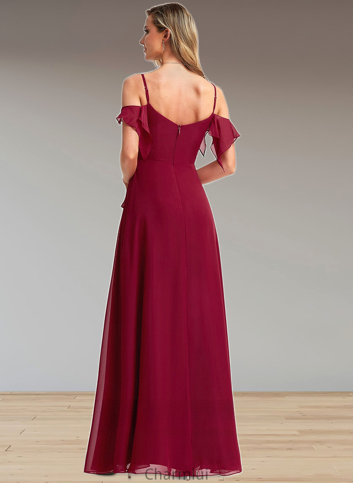 Gracelyn A-line Cold Shoulder Floor-Length Chiffon Bridesmaid Dress With Ruffle DYP0025755