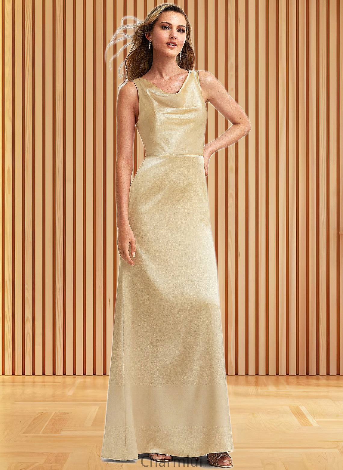 Sofia A-line Cowl Floor-Length Stretch Satin Bridesmaid Dress DYP0025764