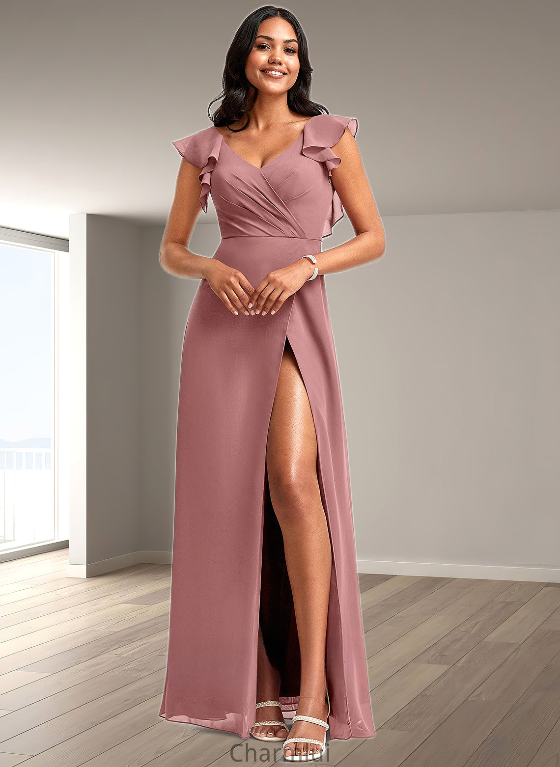 Jada A-line V-Neck Floor-Length Chiffon Bridesmaid Dress With Ruffle DYP0025751