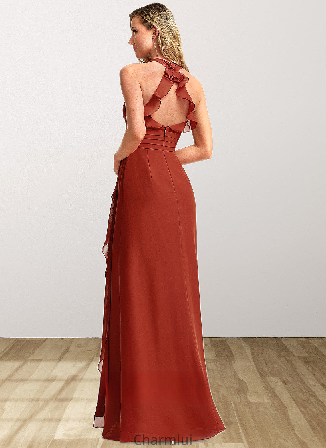 Rebecca A-line V-Neck Floor-Length Chiffon Bridesmaid Dress With Ruffle DYP0025754