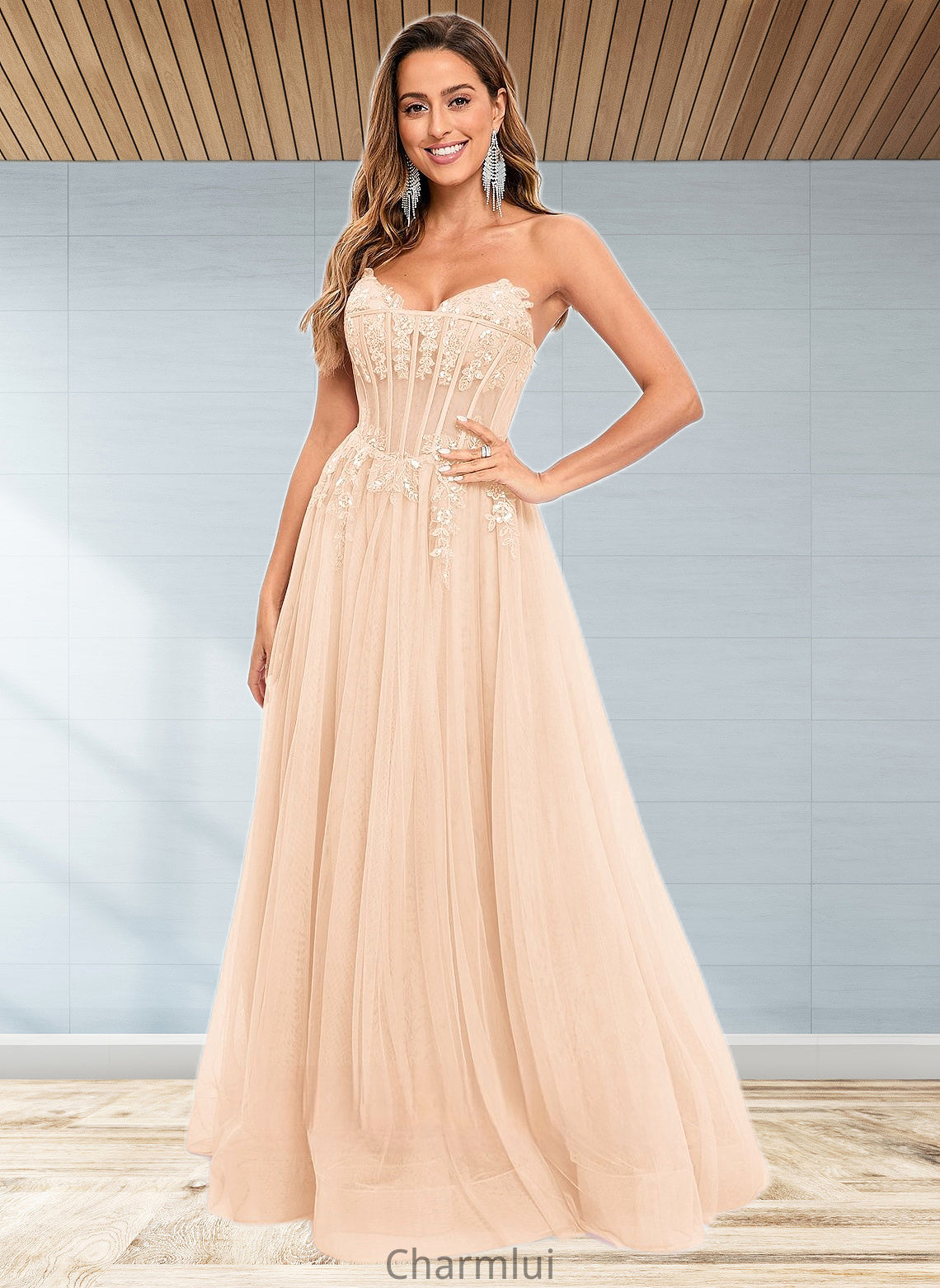 Anahi Ball-Gown/Princess V-Neck Floor-Length Tulle Prom Dresses With Sequins Appliques Lace DYP0025837