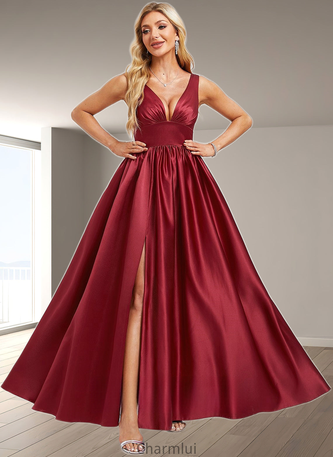 Alia A-line V-Neck Floor-Length Satin Bridesmaid Dress DYP0025775