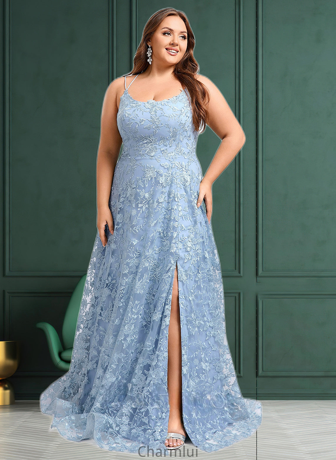 Riya A-line Scoop Floor-Length Lace Floral Prom Dresses DYP0025847