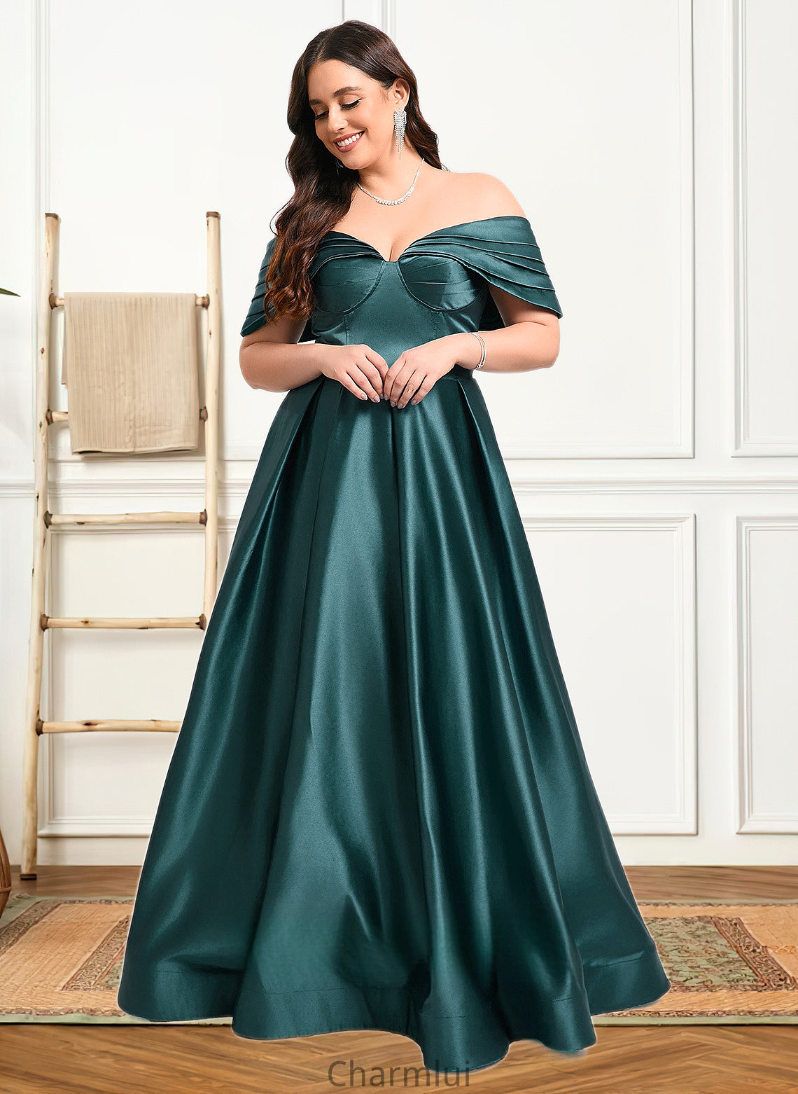 Jacey A-line Off the Shoulder Floor-Length Satin Prom Dresses With Pleated DYP0025851